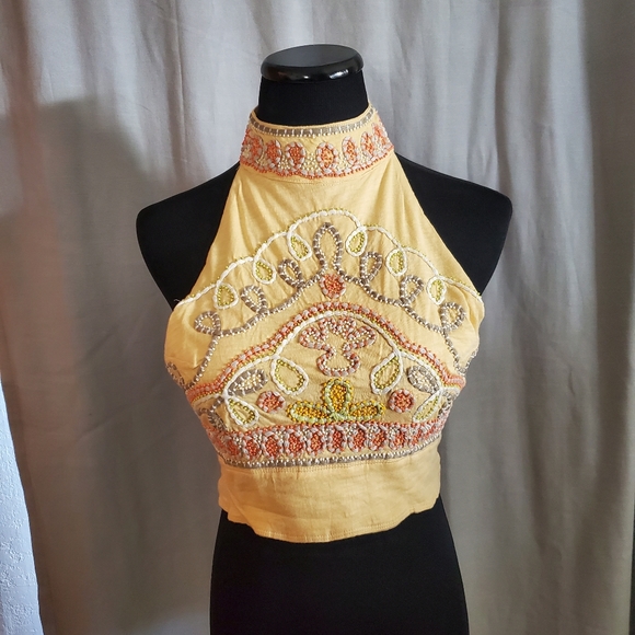 Free People Tops - HPx2 🎉 Embroidered Free People Halter Yellow